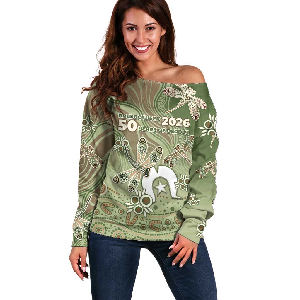 Personalised NAIDOC Week 2026 Off Shoulder Sweater Dragonfly Australian Aboriginal Art