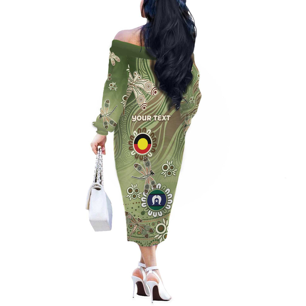 Personalised NAIDOC Week 2026 Off The Shoulder Long Sleeve Dress Dragonfly Australian Aboriginal Art