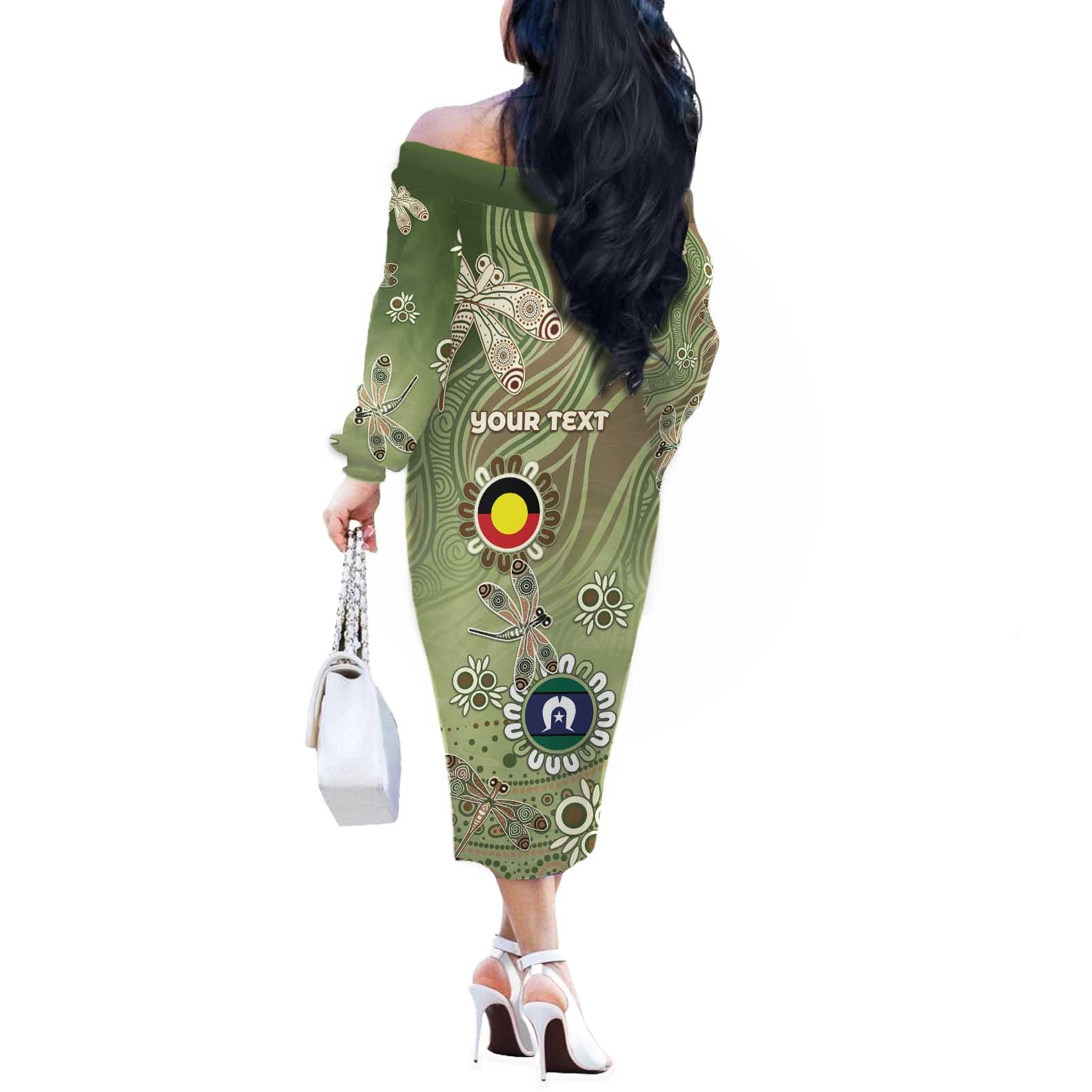 Personalised NAIDOC Week 2026 Off The Shoulder Long Sleeve Dress Dragonfly Australian Aboriginal Art