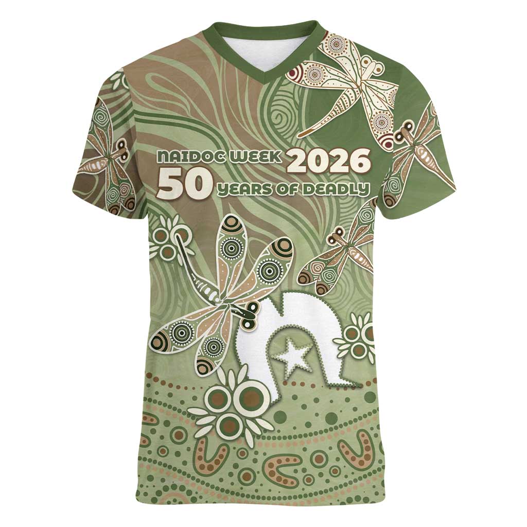 Personalised NAIDOC Week 2026 Women V-Neck T-Shirt Dragonfly Australian Aboriginal Art