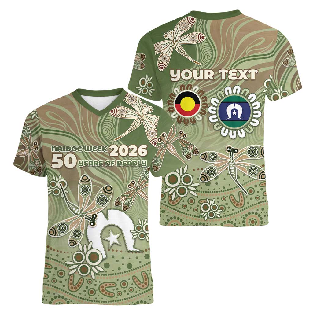 Personalised NAIDOC Week 2026 Women V-Neck T-Shirt Dragonfly Australian Aboriginal Art