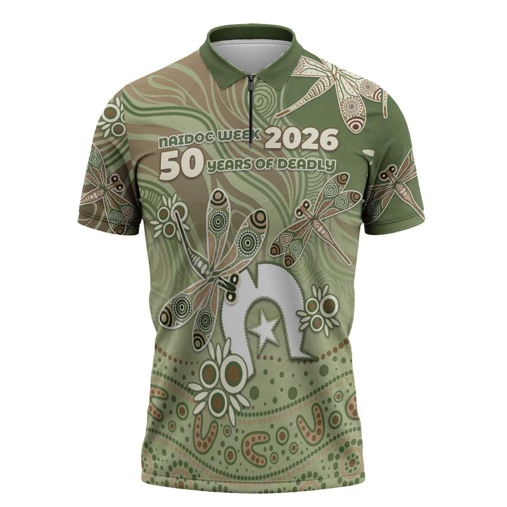 Personalised NAIDOC Week 2026 Zipper Polo Shirt Dragonfly Australian Aboriginal Art