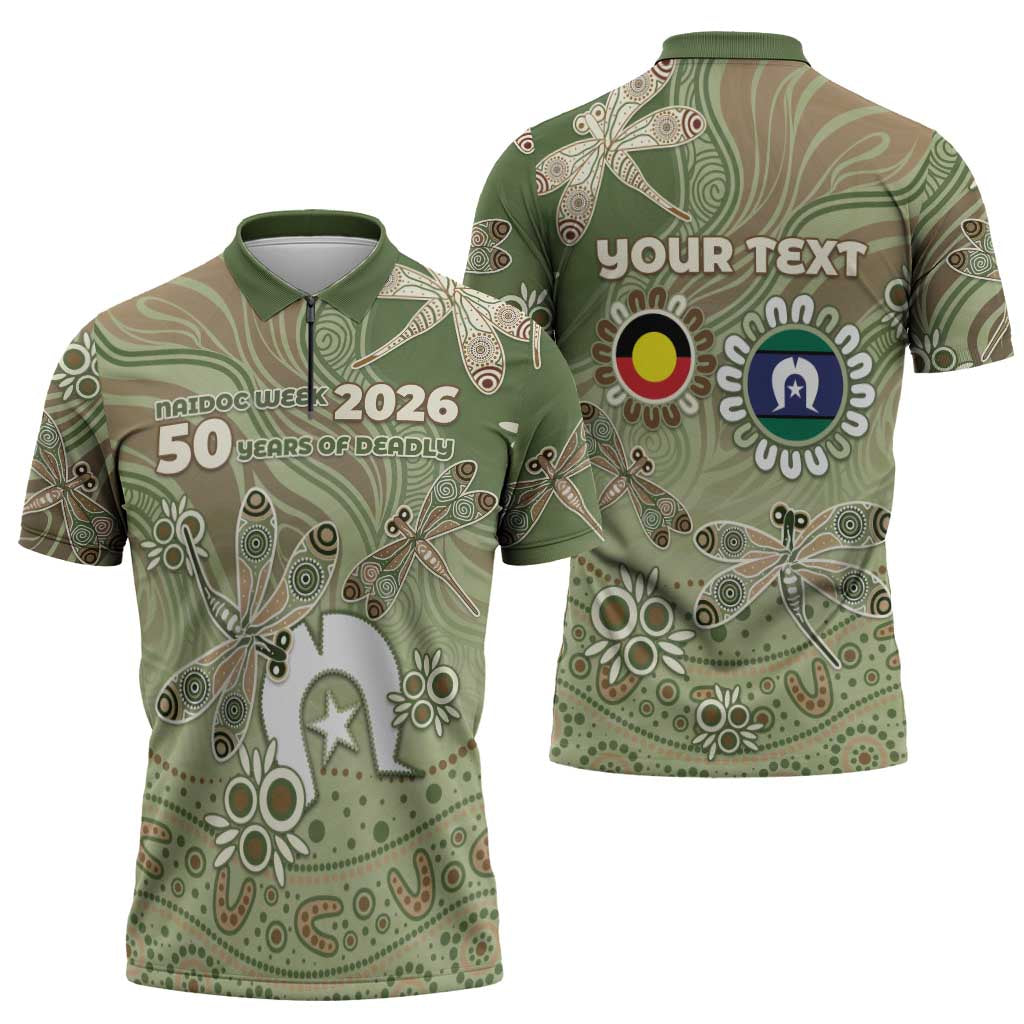Personalised NAIDOC Week 2026 Zipper Polo Shirt Dragonfly Australian Aboriginal Art