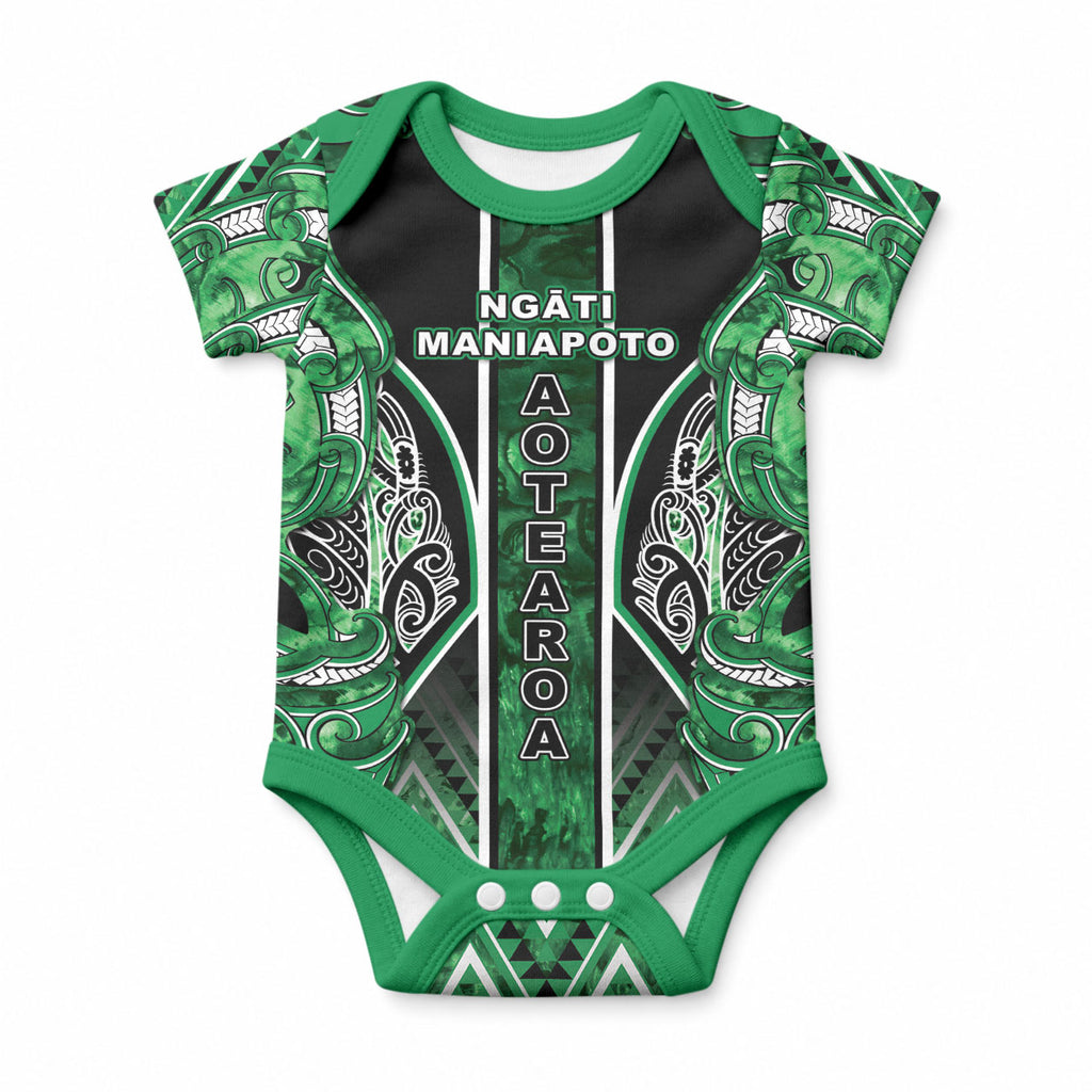Aotearoa Ngati Maniapoto Baby Onesie Maori Tribal Green Paua Shell Pattern