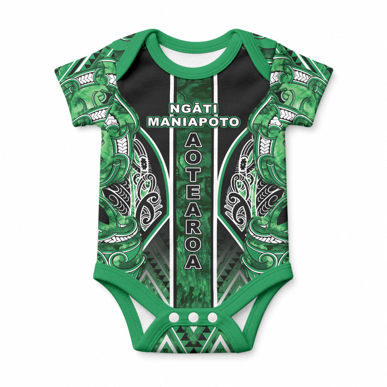 Aotearoa Ngati Maniapoto Baby Onesie Maori Tribal Green Paua Shell Pattern