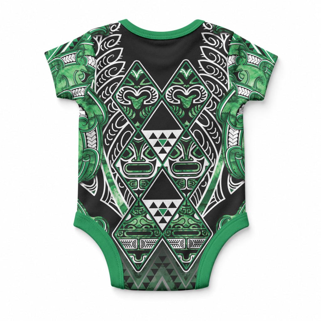 Aotearoa Ngati Maniapoto Baby Onesie Maori Tribal Green Paua Shell Pattern