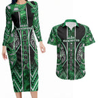 Aotearoa Ngati Maniapoto Couples Matching Long Sleeve Bodycon Dress and Hawaiian Shirt Maori Tribal Green Paua Shell Pattern
