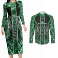Aotearoa Ngati Maniapoto Couples Matching Long Sleeve Bodycon Dress and Long Sleeve Button Shirt Maori Tribal Green Paua Shell Pattern