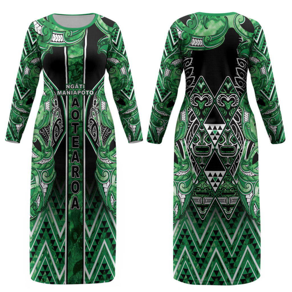 Aotearoa Ngati Maniapoto Couples Matching Long Sleeve Bodycon Dress and Long Sleeve Button Shirt Maori Tribal Green Paua Shell Pattern