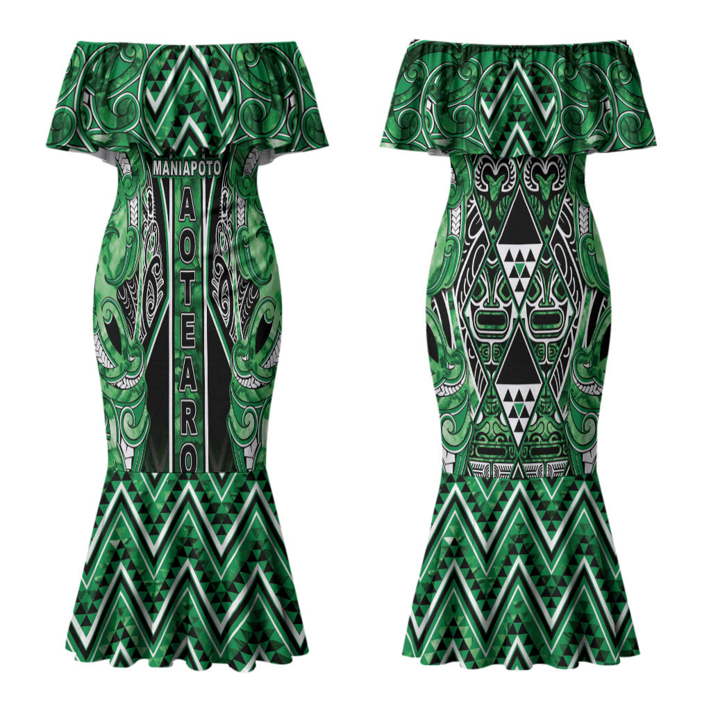 Aotearoa Ngati Maniapoto Couples Matching Mermaid Dress and Hawaiian Shirt Maori Tribal Green Paua Shell Pattern