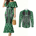 Aotearoa Ngati Maniapoto Couples Matching Mermaid Dress and Long Sleeve Button Shirt Maori Tribal Green Paua Shell Pattern