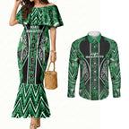 Aotearoa Ngati Maniapoto Couples Matching Mermaid Dress and Long Sleeve Button Shirt Maori Tribal Green Paua Shell Pattern