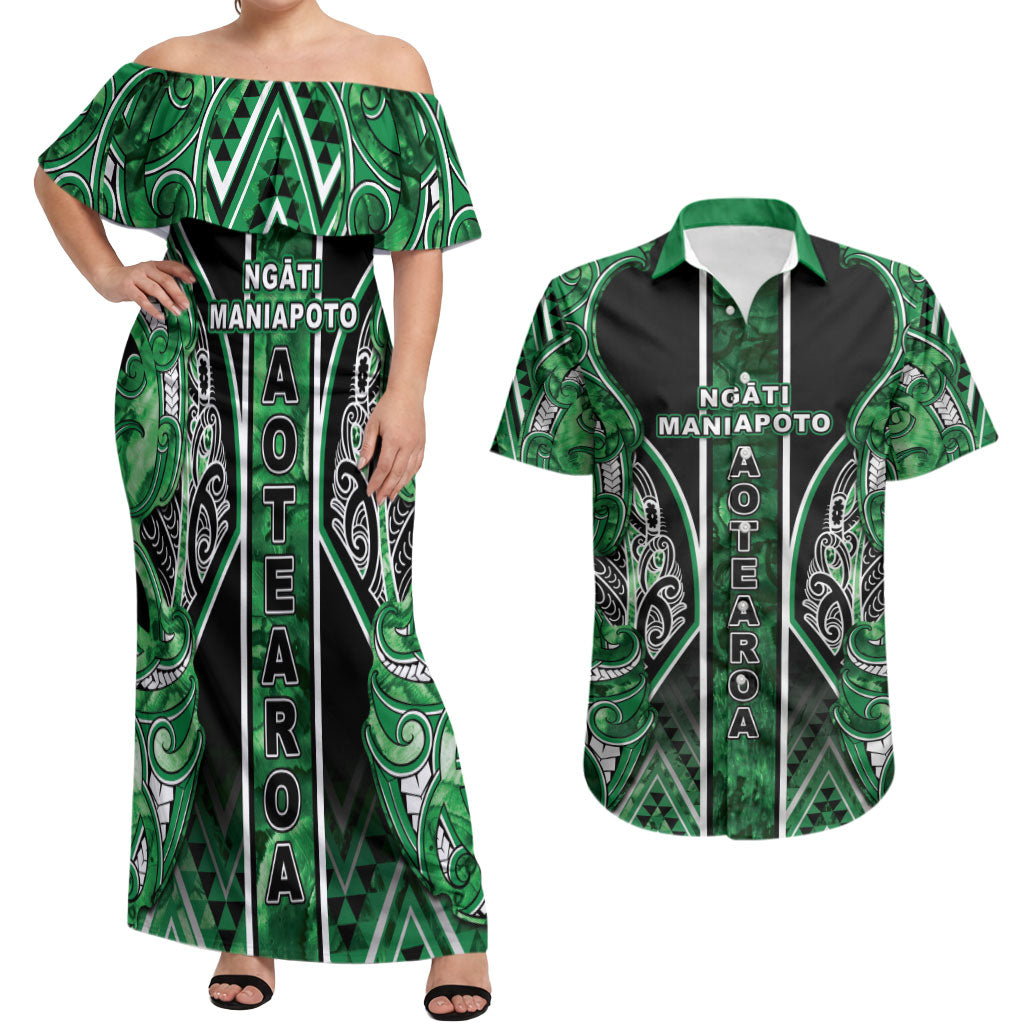 Aotearoa Ngati Maniapoto Couples Matching Off Shoulder Maxi Dress and Hawaiian Shirt Maori Tribal Green Paua Shell Pattern