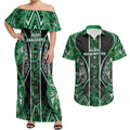 Aotearoa Ngati Maniapoto Couples Matching Off Shoulder Maxi Dress and Hawaiian Shirt Maori Tribal Green Paua Shell Pattern