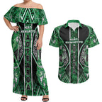 Aotearoa Ngati Maniapoto Couples Matching Off Shoulder Maxi Dress and Hawaiian Shirt Maori Tribal Green Paua Shell Pattern