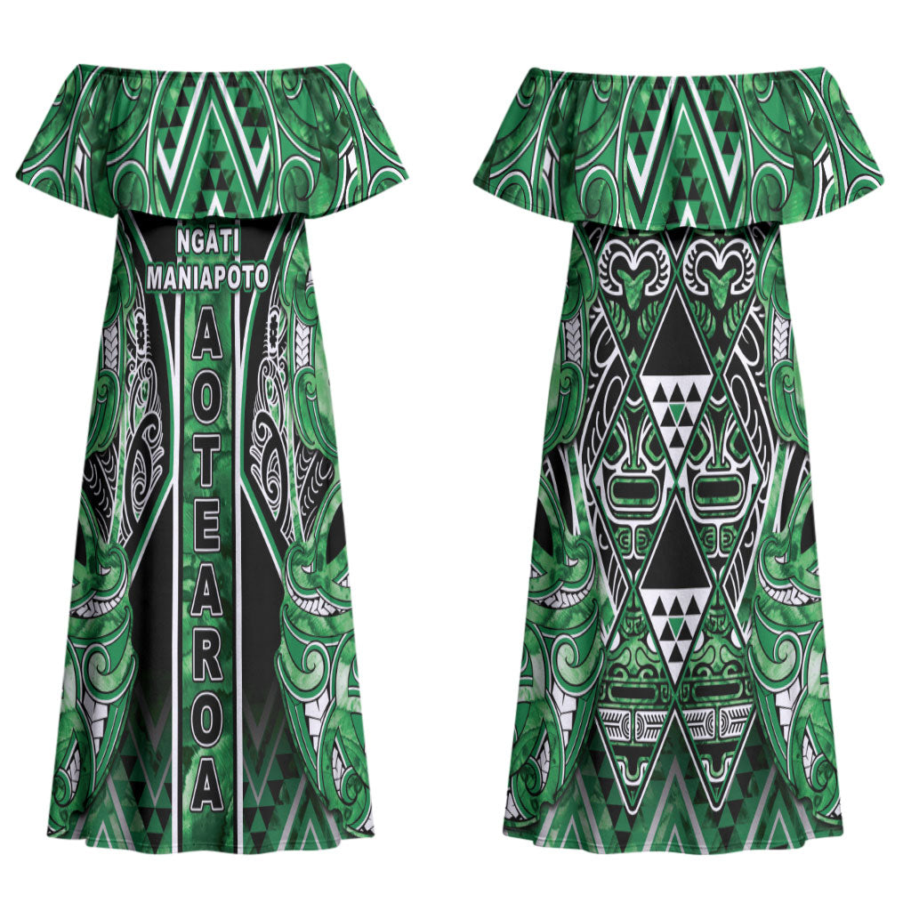 Aotearoa Ngati Maniapoto Couples Matching Off Shoulder Maxi Dress and Hawaiian Shirt Maori Tribal Green Paua Shell Pattern