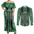 Aotearoa Ngati Maniapoto Couples Matching Off Shoulder Maxi Dress and Long Sleeve Button Shirt Maori Tribal Green Paua Shell Pattern