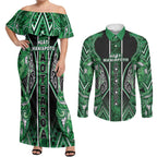 Aotearoa Ngati Maniapoto Couples Matching Off Shoulder Maxi Dress and Long Sleeve Button Shirt Maori Tribal Green Paua Shell Pattern