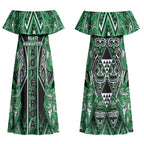 Aotearoa Ngati Maniapoto Couples Matching Off Shoulder Maxi Dress and Long Sleeve Button Shirt Maori Tribal Green Paua Shell Pattern