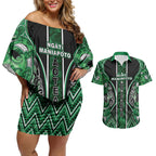 Aotearoa Ngati Maniapoto Couples Matching Off Shoulder Short Dress and Hawaiian Shirt Maori Tribal Green Paua Shell Pattern