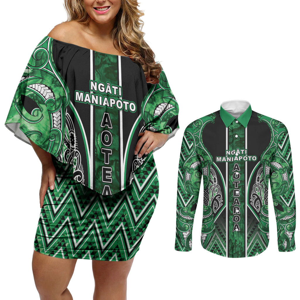 Aotearoa Ngati Maniapoto Couples Matching Off Shoulder Short Dress and Long Sleeve Button Shirt Maori Tribal Green Paua Shell Pattern