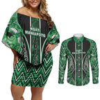 Aotearoa Ngati Maniapoto Couples Matching Off Shoulder Short Dress and Long Sleeve Button Shirt Maori Tribal Green Paua Shell Pattern