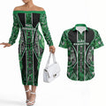 Aotearoa Ngati Maniapoto Couples Matching Off The Shoulder Long Sleeve Dress and Hawaiian Shirt Maori Tribal Green Paua Shell Pattern