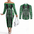 Aotearoa Ngati Maniapoto Couples Matching Off The Shoulder Long Sleeve Dress and Long Sleeve Button Shirt Maori Tribal Green Paua Shell Pattern