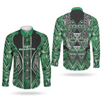 Aotearoa Ngati Maniapoto Couples Matching Off The Shoulder Long Sleeve Dress and Long Sleeve Button Shirt Maori Tribal Green Paua Shell Pattern