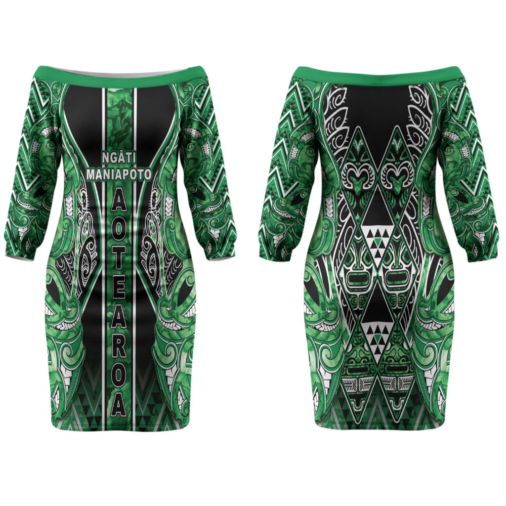 Aotearoa Ngati Maniapoto Couples Matching Off The Shoulder Long Sleeve Dress and Long Sleeve Button Shirt Maori Tribal Green Paua Shell Pattern