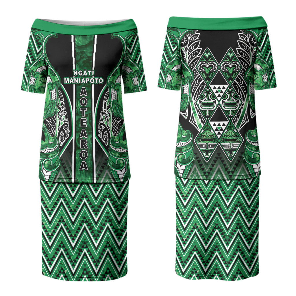 Aotearoa Ngati Maniapoto Couples Matching Puletasi and Long Sleeve Button Shirt Maori Tribal Green Paua Shell Pattern