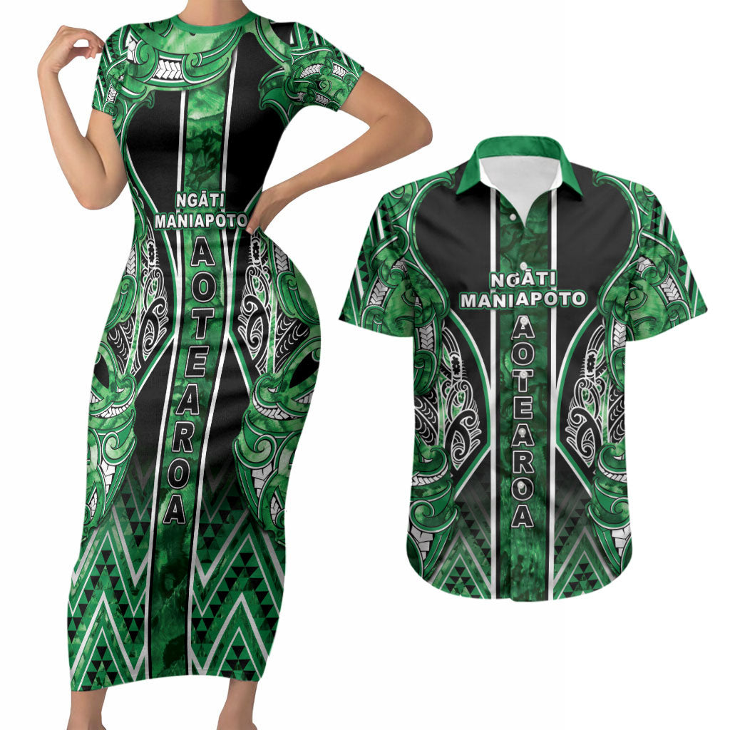 Aotearoa Ngati Maniapoto Couples Matching Short Sleeve Bodycon Dress and Hawaiian Shirt Maori Tribal Green Paua Shell Pattern
