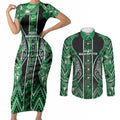 Aotearoa Ngati Maniapoto Couples Matching Short Sleeve Bodycon Dress and Long Sleeve Button Shirt Maori Tribal Green Paua Shell Pattern