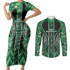 Aotearoa Ngati Maniapoto Couples Matching Short Sleeve Bodycon Dress and Long Sleeve Button Shirt Maori Tribal Green Paua Shell Pattern