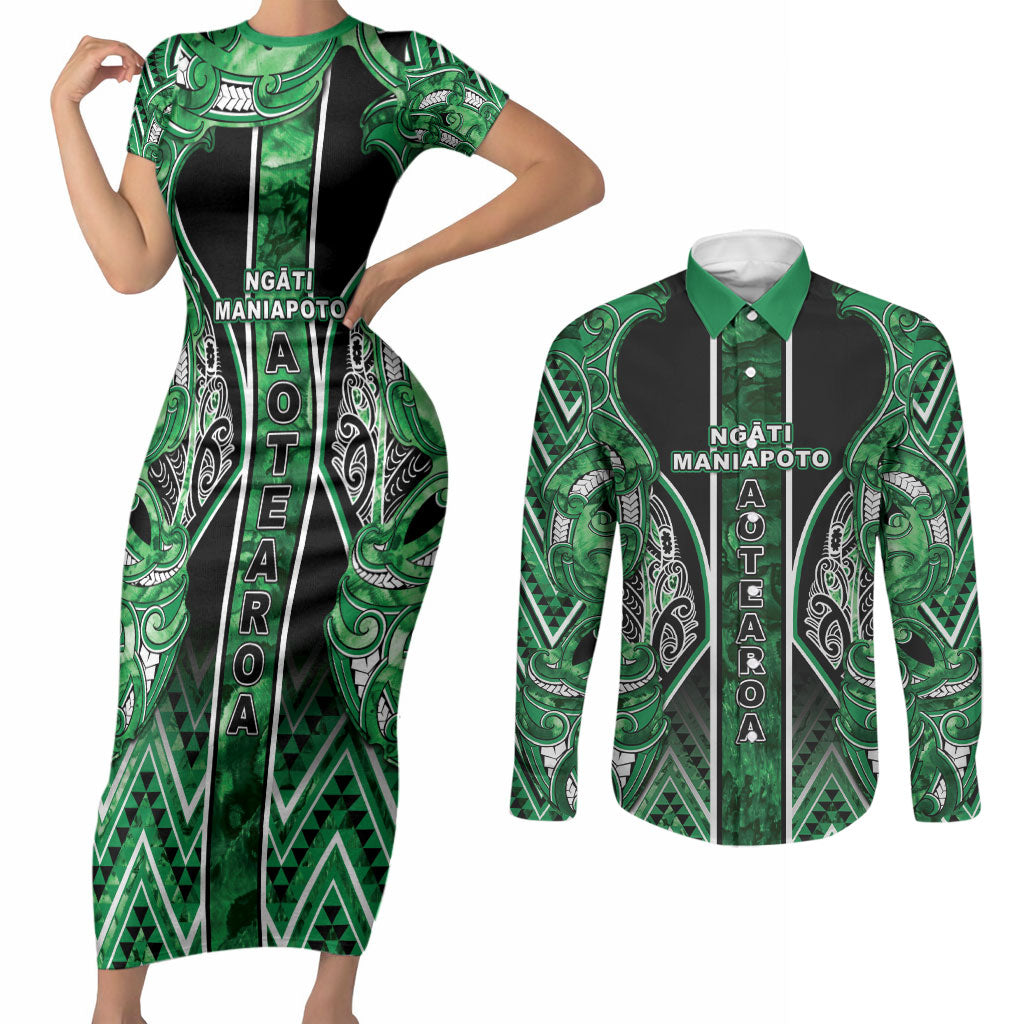 Aotearoa Ngati Maniapoto Couples Matching Short Sleeve Bodycon Dress and Long Sleeve Button Shirt Maori Tribal Green Paua Shell Pattern
