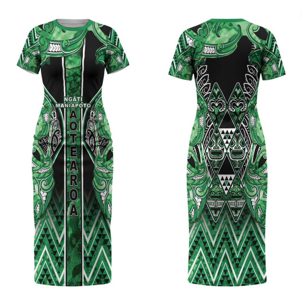 Aotearoa Ngati Maniapoto Couples Matching Short Sleeve Bodycon Dress and Long Sleeve Button Shirt Maori Tribal Green Paua Shell Pattern