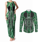 Aotearoa Ngati Maniapoto Couples Matching Tank Maxi Dress and Long Sleeve Button Shirt Maori Tribal Green Paua Shell Pattern