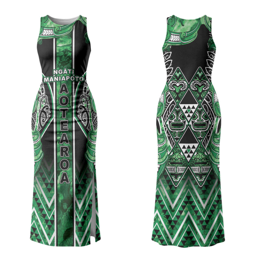 Aotearoa Ngati Maniapoto Couples Matching Tank Maxi Dress and Long Sleeve Button Shirt Maori Tribal Green Paua Shell Pattern