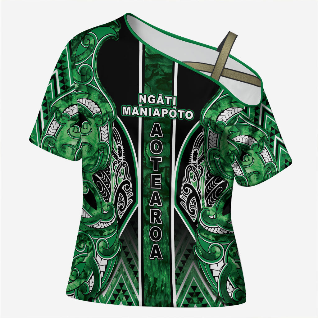 Aotearoa Ngati Maniapoto Cross Shoulder Shirt Maori Tribal Green Paua Shell Pattern