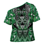 Aotearoa Ngati Maniapoto Cross Shoulder Shirt Maori Tribal Green Paua Shell Pattern