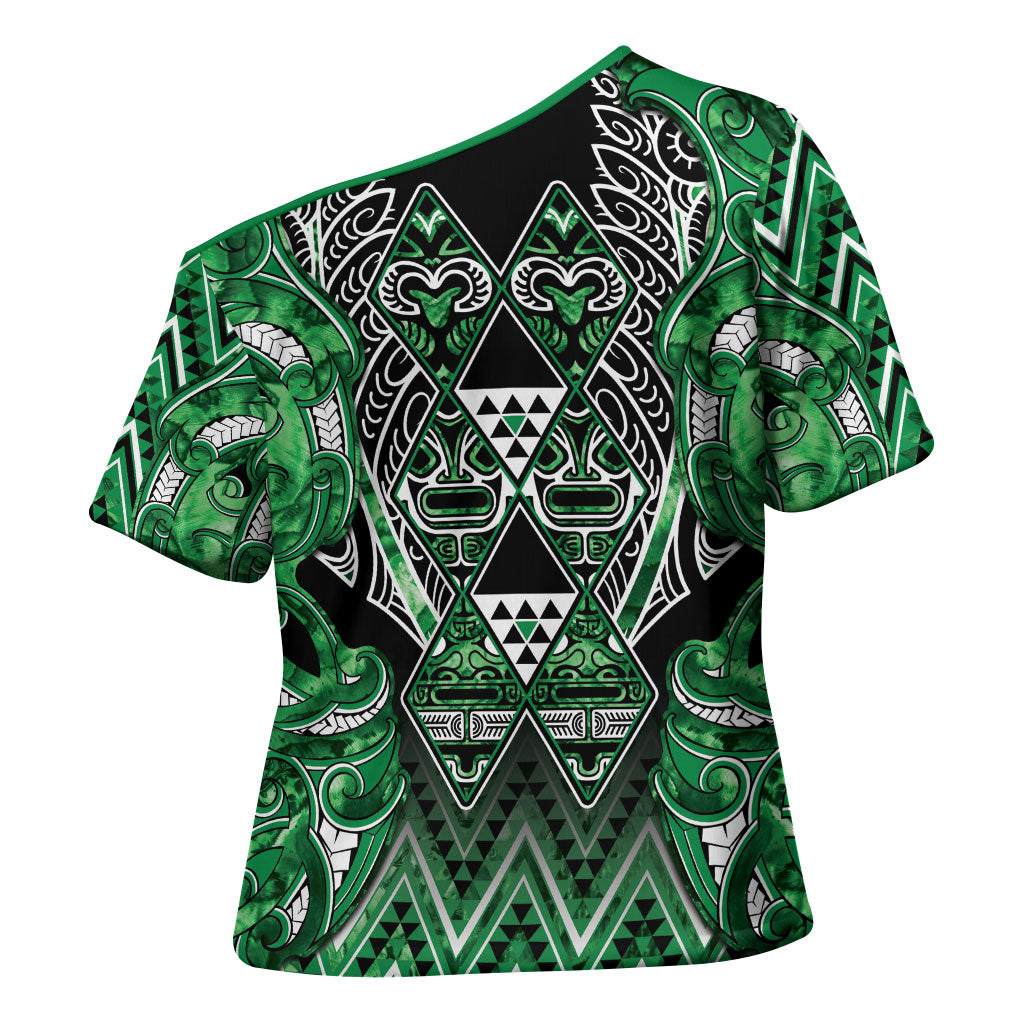 Aotearoa Ngati Maniapoto Cross Shoulder Shirt Maori Tribal Green Paua Shell Pattern