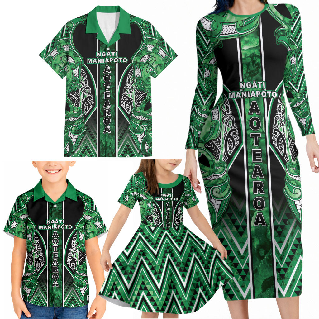 Aotearoa Ngati Maniapoto Family Matching Long Sleeve Bodycon Dress and Hawaiian Shirt Maori Tribal Green Paua Shell Pattern