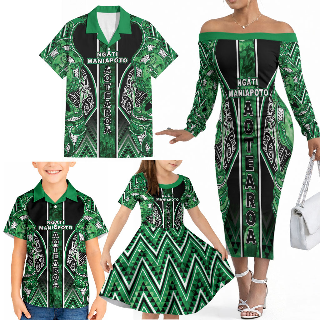 Aotearoa Ngati Maniapoto Family Matching Off The Shoulder Long Sleeve Dress and Hawaiian Shirt Maori Tribal Green Paua Shell Pattern