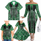 Aotearoa Ngati Maniapoto Family Matching Off The Shoulder Long Sleeve Dress and Hawaiian Shirt Maori Tribal Green Paua Shell Pattern