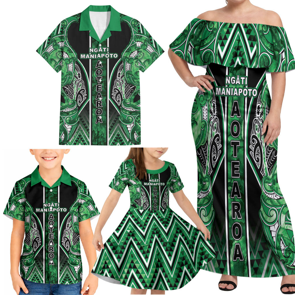Aotearoa Ngati Maniapoto Family Matching Off Shoulder Maxi Dress and Hawaiian Shirt Maori Tribal Green Paua Shell Pattern