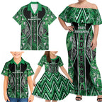 Aotearoa Ngati Maniapoto Family Matching Off Shoulder Maxi Dress and Hawaiian Shirt Maori Tribal Green Paua Shell Pattern