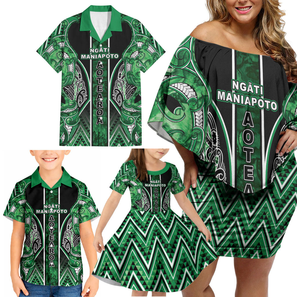 Aotearoa Ngati Maniapoto Family Matching Off Shoulder Short Dress and Hawaiian Shirt Maori Tribal Green Paua Shell Pattern