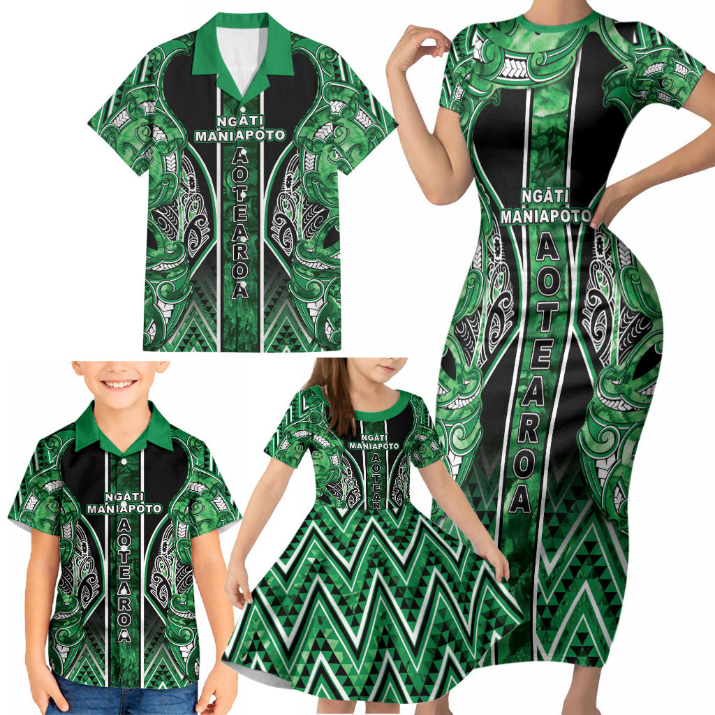 Aotearoa Ngati Maniapoto Family Matching Short Sleeve Bodycon Dress and Hawaiian Shirt Maori Tribal Green Paua Shell Pattern