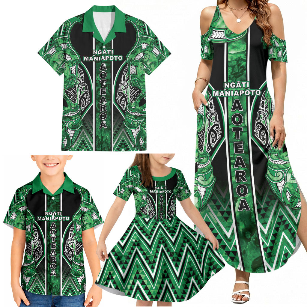 Aotearoa Ngati Maniapoto Family Matching Summer Maxi Dress and Hawaiian Shirt Maori Tribal Green Paua Shell Pattern