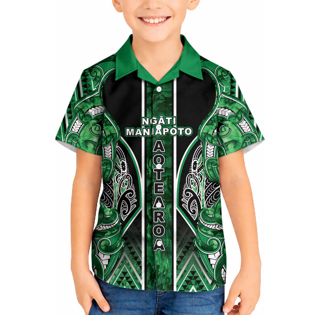 Aotearoa Ngati Maniapoto Kid Hawaiian Shirt Maori Tribal Green Paua Shell Pattern